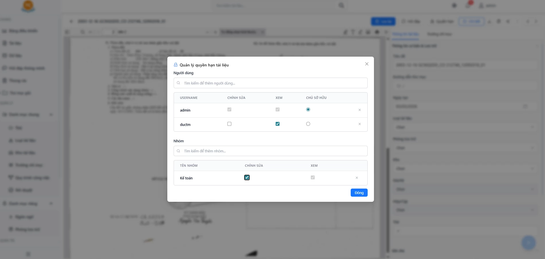 eDoc permission control interface